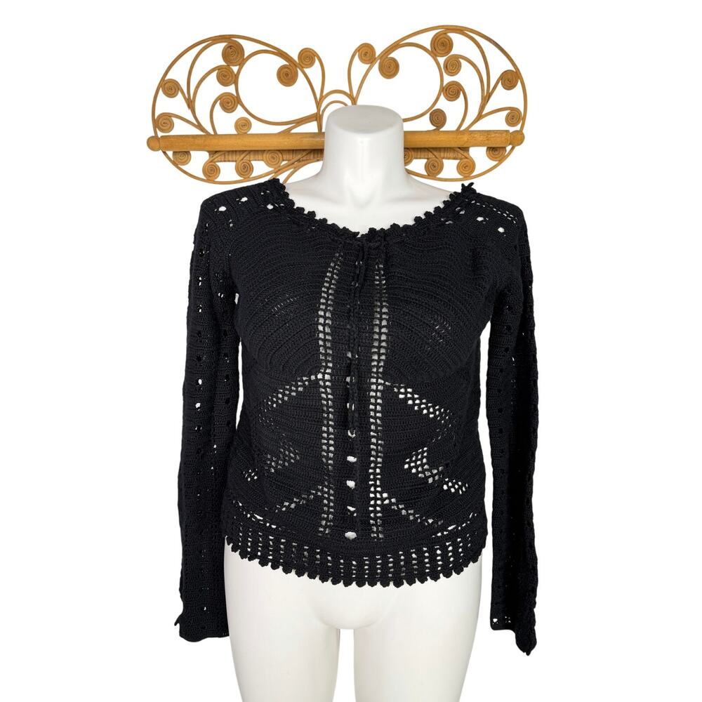 Route 66 Black Crochet Long Sleeve Button Front Top